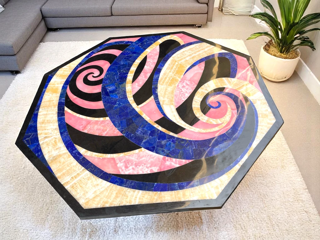 Sophisticated Marble Patio Corner Table with Multi-Gemstone Accents